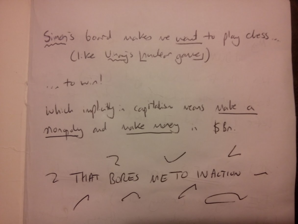 Simon&rsquo;s board makes me want to play chess&hellip; (like Vinay&rsquo;s nuclear game) &hellip; to win! Which implicitly in capitalism means make a monpoly and make money in $Bn.