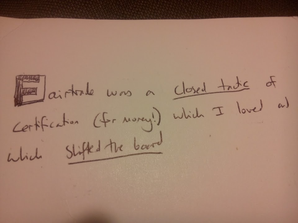 Fairtrade was a closed tactic of certification (for many!) which I loved and which shifted the board