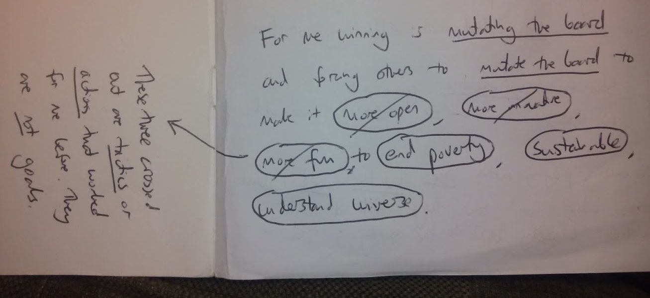 For me winning is mutating the board and forcing others to mutate the board to make it more open, more innovative, more fun, to end poverty, sustainble, understand universe. These three crosed out are tactics or actions that worked for me before. They are not goals.
