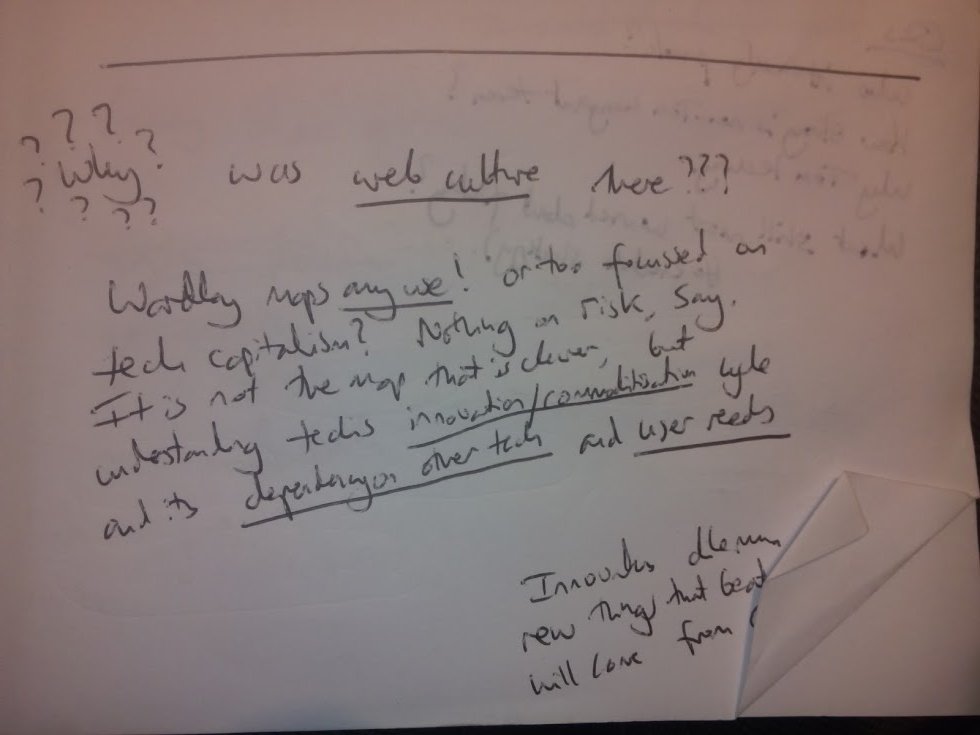 Why was web culture there??? Wardley maps any use! or too focussed on tech capitalism? Nothing on risk, say. It is not the map that is clever, but understanding techs innovation/commoditisation cycle and its dependency on other tech and user needs. Innovators dillemma says new things that beat commodity will come from bespoke.