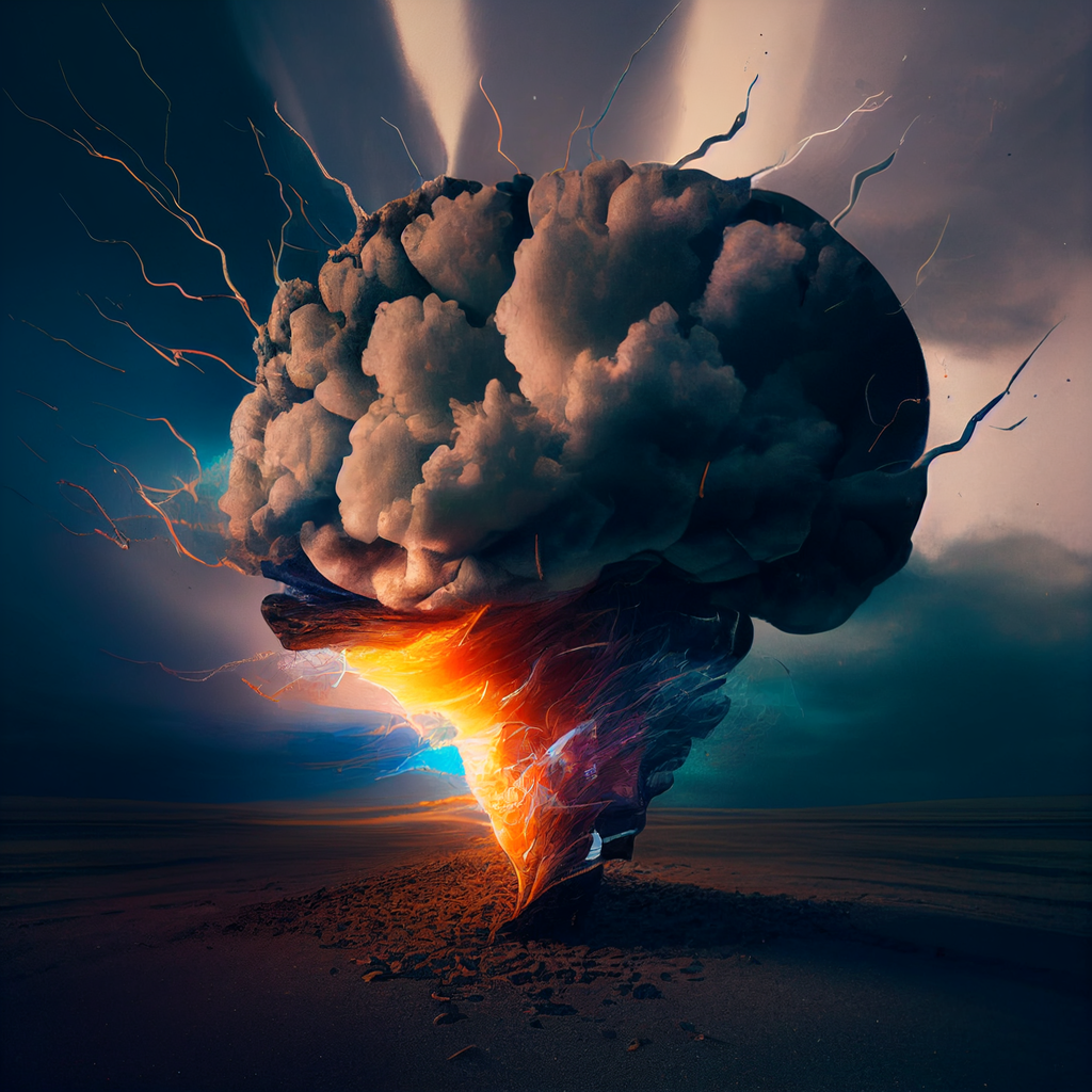 Midjourney, prompt 'a mind suddenly pausing what it is doing at a beep and considering its own inner experience, thoughts, feelings, images, words, concepts, emotions, sensation'